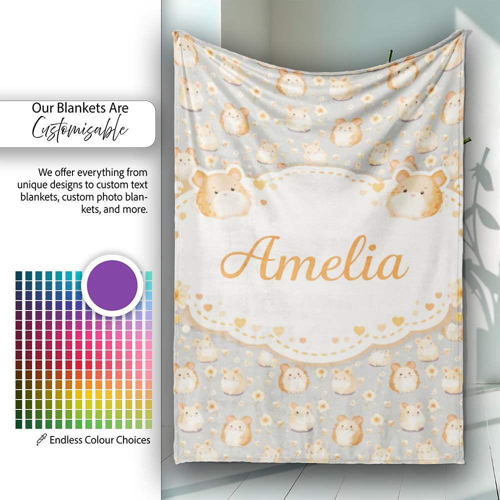 Soft Beige Hamster Daisy Floral Seamless Pattern Cute Unique Gift  Personalised Custom Name Super Soft Fleece Blanket Bed Sofa Throw