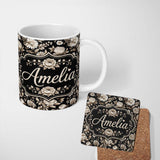 Personalized Custom Name Elegant Ivory Floral Black Background Seamless Pattern Name Cute 11oz Ceramic Coffee Tea Mug White Large Handle