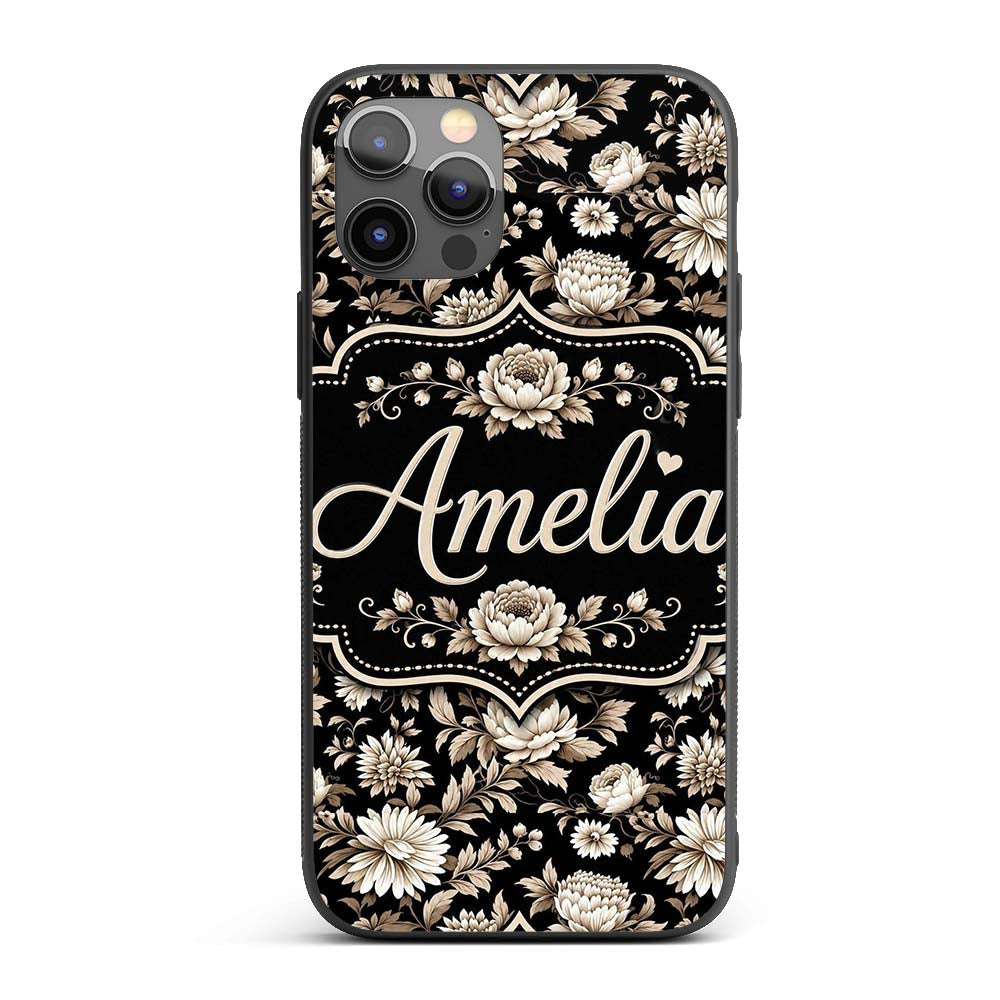 Elegant Ivory Floral Black Background Seamless Custom Name Protective Phone Case Mobile Cover Durable Everyday Smartphone Shock Resistant
