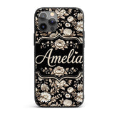 Elegant Ivory Floral Black Background Seamless Custom Name Protective Phone Case Mobile Cover Durable Everyday Smartphone Shock Resistant