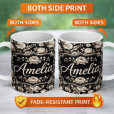 Personalized Custom Name Elegant Ivory Floral Black Background Seamless Pattern Name Cute 11oz Ceramic Coffee Tea Mug White Large Handle