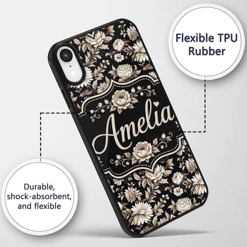 Elegant Ivory Floral Black Background Seamless Custom Name Protective Phone Case Mobile Cover Durable Everyday Smartphone Shock Resistant