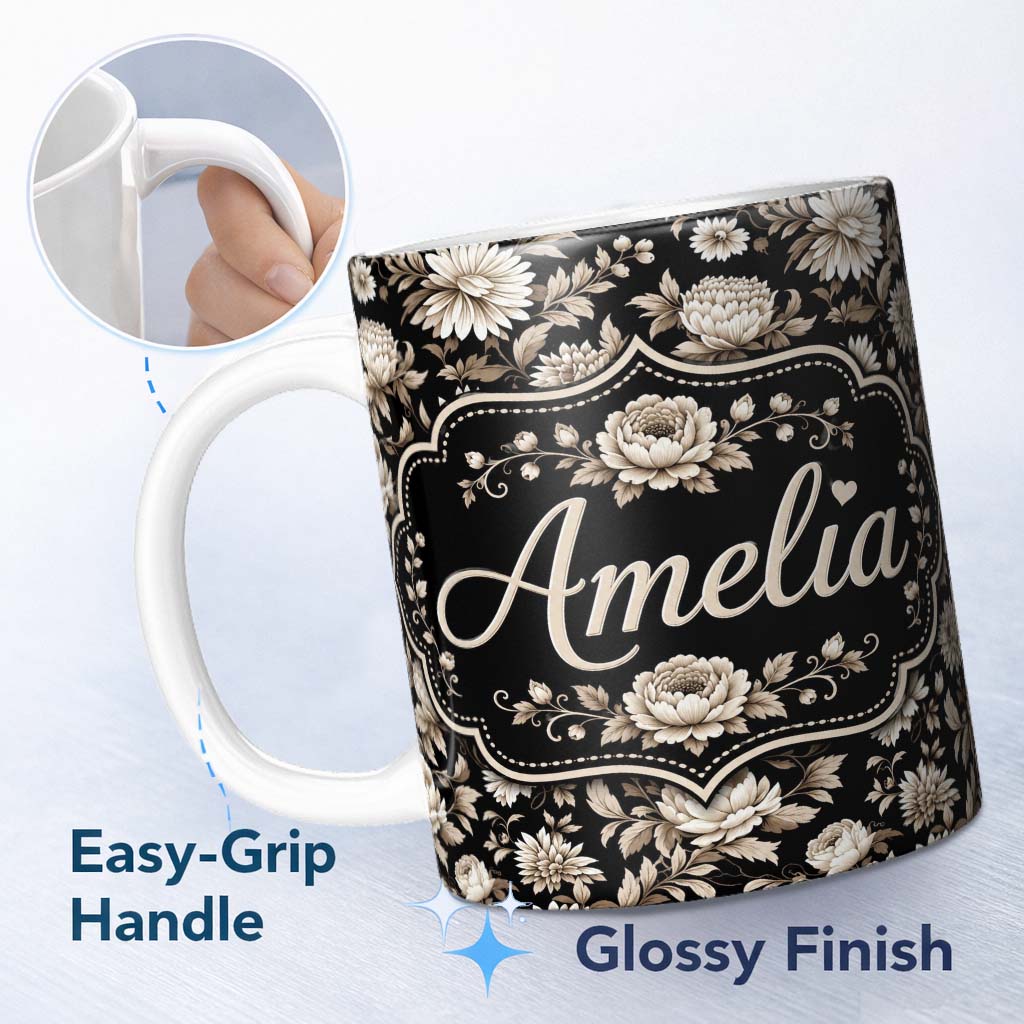 Personalized Custom Name Elegant Ivory Floral Black Background Seamless Pattern Name Cute 11oz Ceramic Coffee Tea Mug White Large Handle