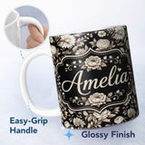 Personalized Custom Name Elegant Ivory Floral Black Background Seamless Pattern Name Cute 11oz Ceramic Coffee Tea Mug White Large Handle