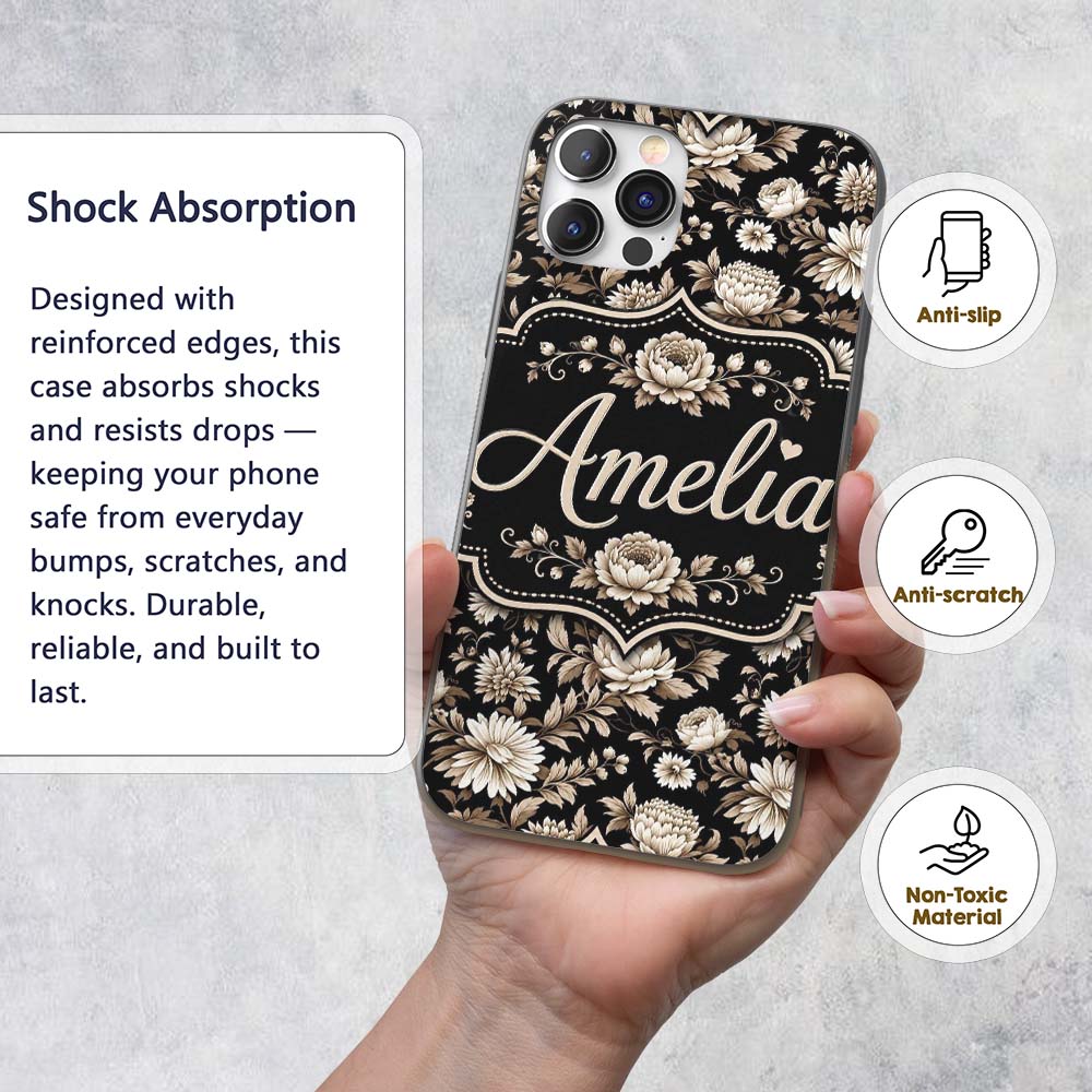 Elegant Ivory Floral Black Background Seamless Custom Name Protective Phone Case Mobile Cover Durable Everyday Smartphone Shock Resistant