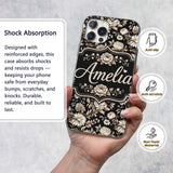 Elegant Ivory Floral Black Background Seamless Custom Name Protective Phone Case Mobile Cover Durable Everyday Smartphone Shock Resistant