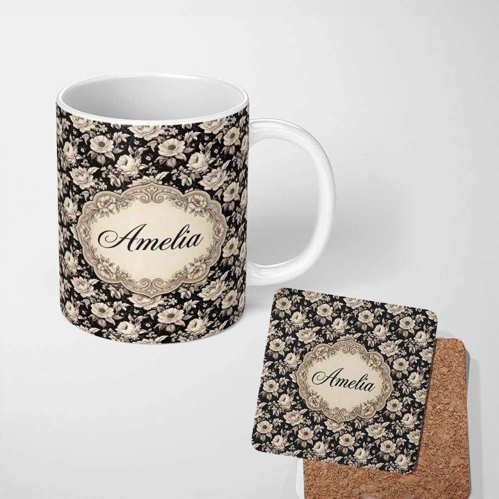 Personalized Custom Name Classic Monochrome Floral Black Ivory Seamless Pattern Name Cute 11oz Ceramic Coffee Tea Mug White Large Handle