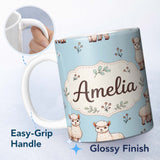 Personalized Custom Name Cute Alpaca Llama Farm Animals Floral Seamless Pattern Blue Lovely 11oz Ceramic Coffee Tea Mug White Large Handle