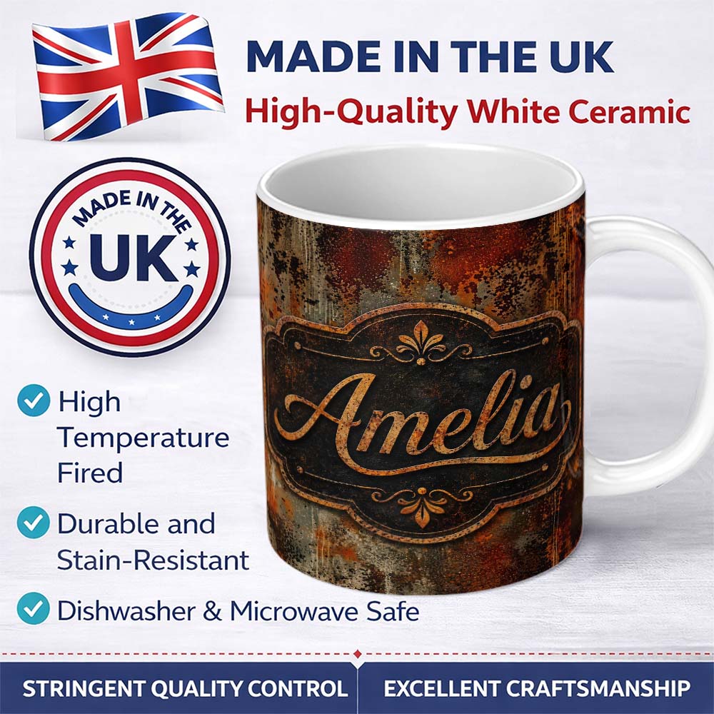 Personalized Custom Name Abstract Dark Rust Paint Splash Seamless Pattern Grunge Artistic 11oz Ceramic Coffee Tea Mug White Large Handle