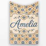 Classic Blue Floral Geometric Tile Pattern Seamless Name Cute  Personalised Custom Name Super Soft Fleece Blanket Bed Sofa Throw