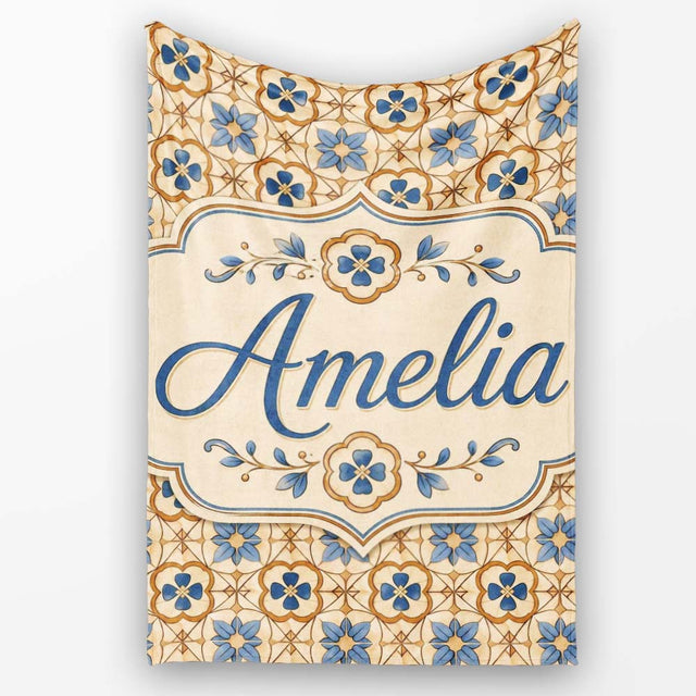 Classic Blue Floral Geometric Tile Pattern Seamless Name Cute  Personalised Custom Name Super Soft Fleece Blanket Bed Sofa Throw