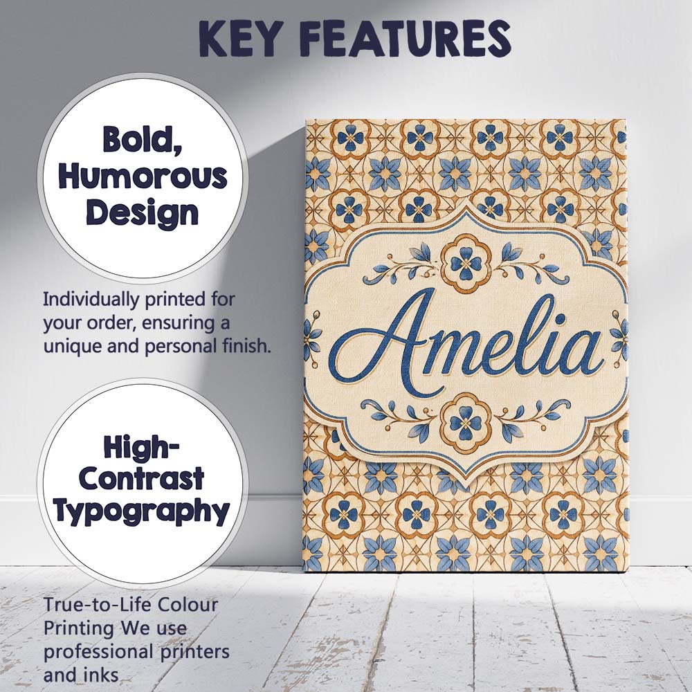 Personalised Name Classic Blue Floral Custom Modern Room Accent Creative Decorator Style Canvas Wall Art Print Decor Picture Ready to Hang