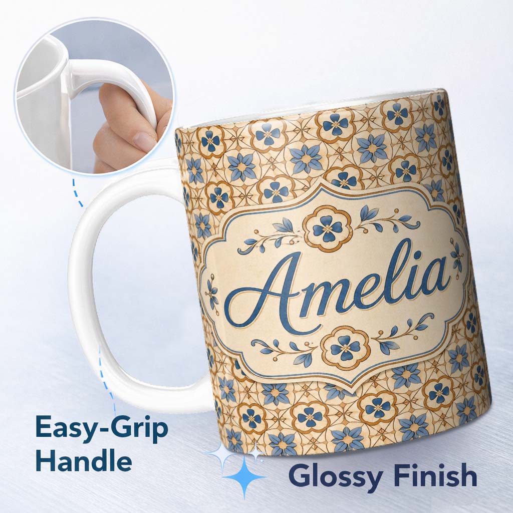 Personalized Custom Name Classic Blue Floral Geometric Tile Pattern Seamless Name Cute 11oz Ceramic Coffee Tea Mug White Large Handle
