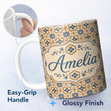 Personalized Custom Name Classic Blue Floral Geometric Tile Pattern Seamless Name Cute 11oz Ceramic Coffee Tea Mug White Large Handle