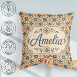 Custom Name Classic Blue Floral Geometric Tile Pattern Name Cute Square Filled Cushion Throw Pillow Sofa Bed Home Decor Zip Washable UK Made