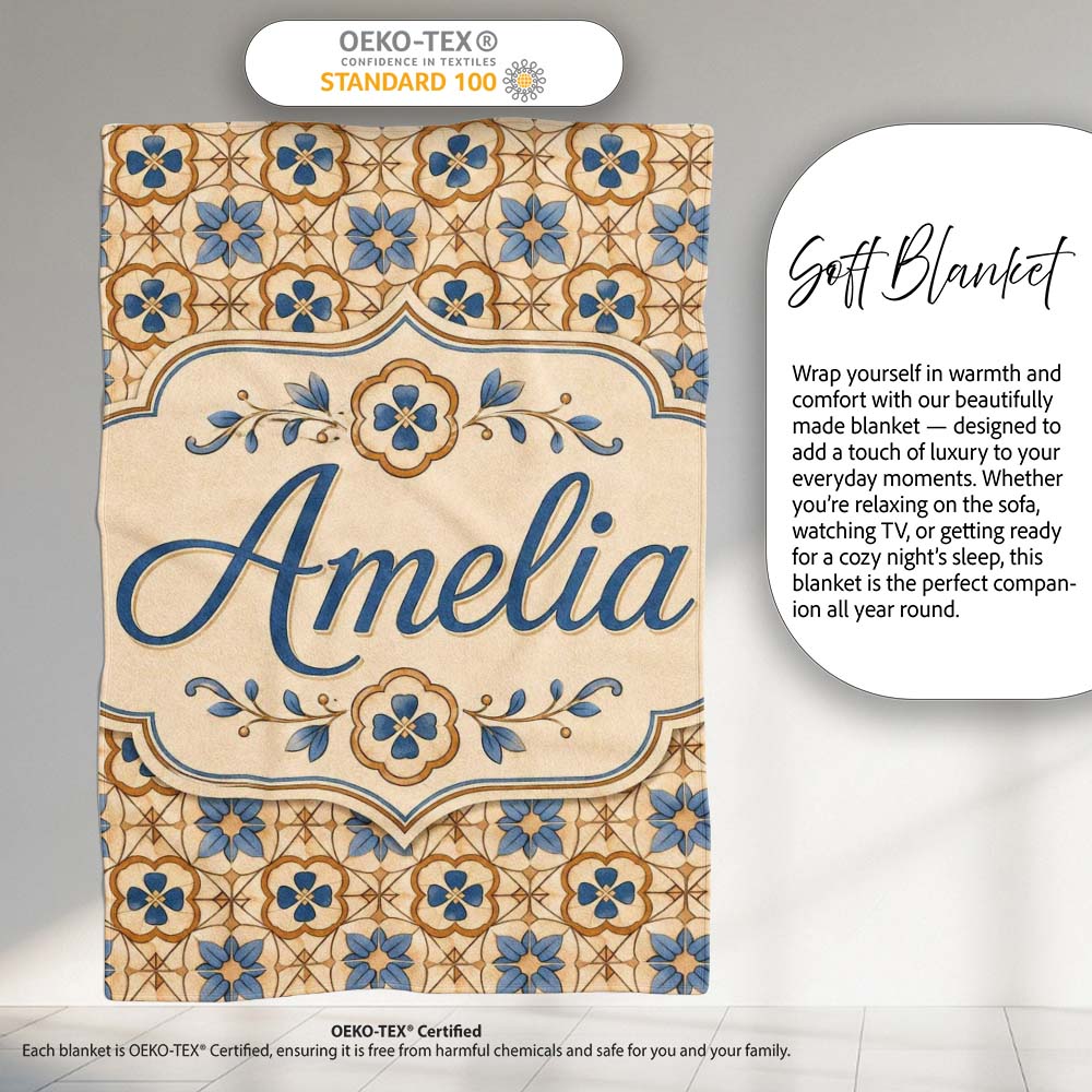 Classic Blue Floral Geometric Tile Pattern Seamless Name Cute  Personalised Custom Name Super Soft Fleece Blanket Bed Sofa Throw