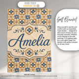 Classic Blue Floral Geometric Tile Pattern Seamless Name Cute  Personalised Custom Name Super Soft Fleece Blanket Bed Sofa Throw