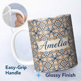 Personalized Custom Name Ornate Moroccan Blue Orange Tile Pattern Seamless Name Cute Unique 11oz Ceramic Coffee Tea Mug White Large Handle