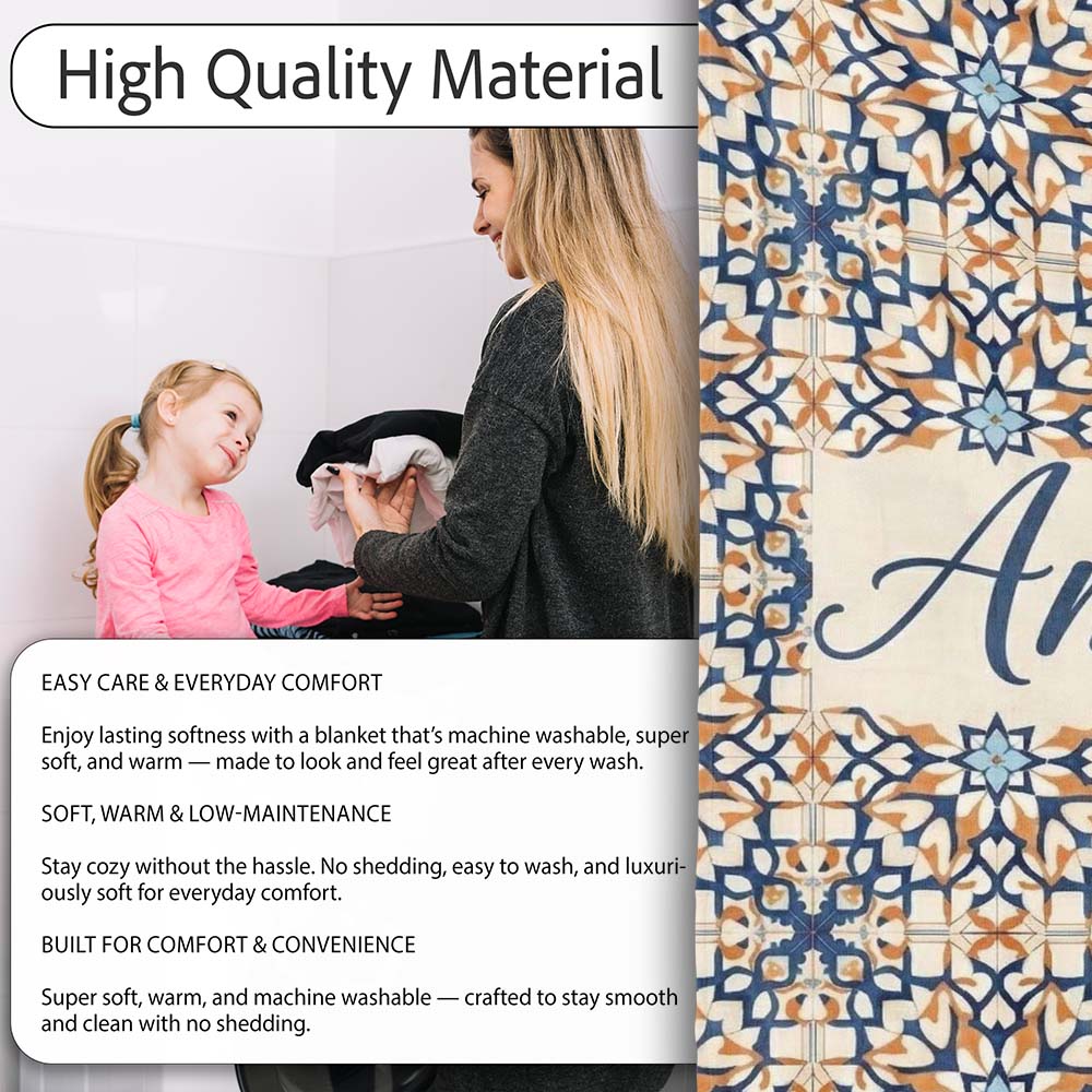 Ornate Moroccan Blue Orange Tile Pattern Seamless Name Cute Unique  Personalised Custom Name Super Soft Fleece Blanket Bed Sofa Throw