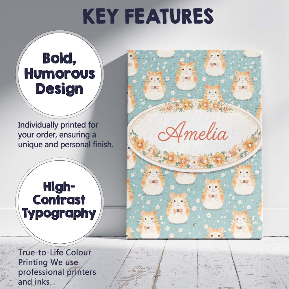 Personalised Name Cartoon Hamster Bow Tie Teal Seamless Pattern Cute Custom  Home Canvas Wall Art Print Decor Picture Ready to Hang
