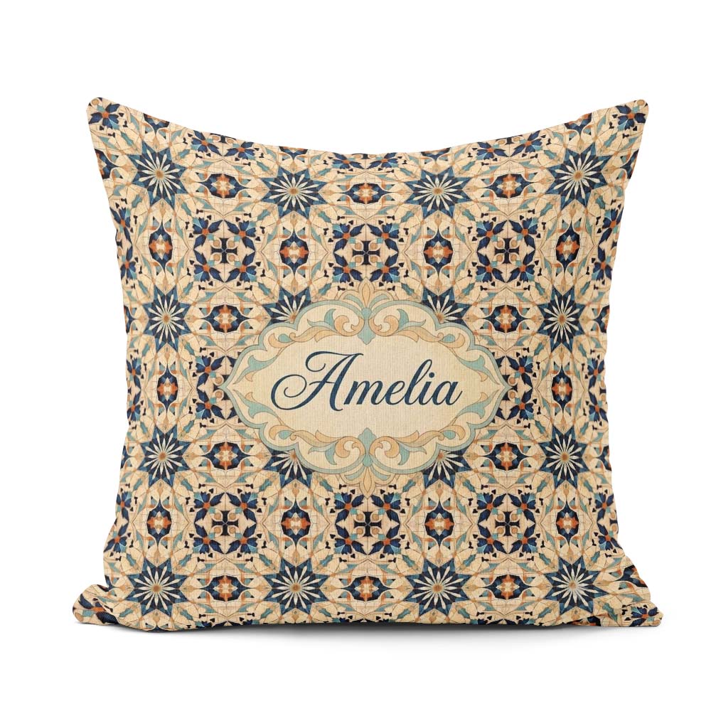 Custom Name Intricate Moroccan Star Tile Blue Beige Pattern Name Square Filled Cushion Throw Pillow Sofa Bed Home Decor Zip Washable UK Made