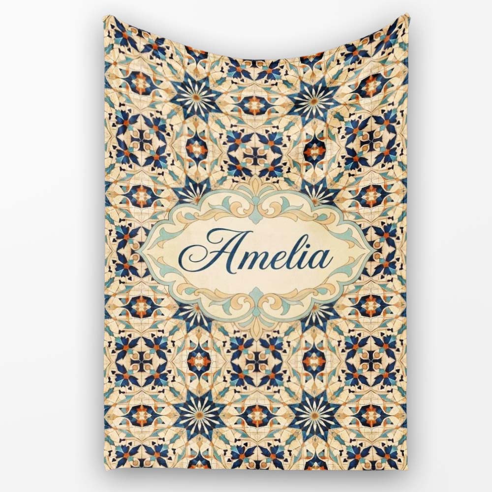 Intricate Moroccan Star Tile Blue Beige Pattern Seamless Name Cute  Personalised Custom Name Super Soft Fleece Blanket Bed Sofa Throw