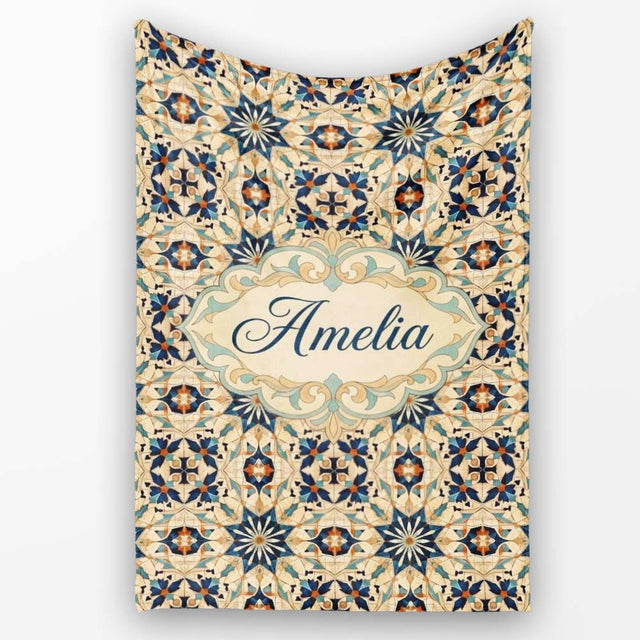Intricate Moroccan Star Tile Blue Beige Pattern Seamless Name Cute  Personalised Custom Name Super Soft Fleece Blanket Bed Sofa Throw