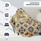 Intricate Moroccan Star Tile Blue Beige Pattern Seamless Name Cute  Personalised Custom Name Super Soft Fleece Blanket Bed Sofa Throw