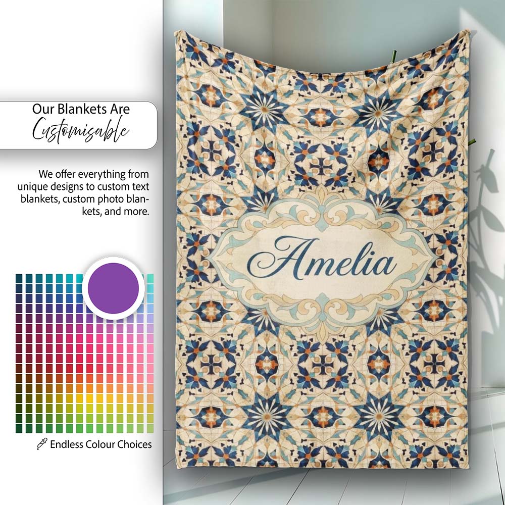 Intricate Moroccan Star Tile Blue Beige Pattern Seamless Name Cute  Personalised Custom Name Super Soft Fleece Blanket Bed Sofa Throw