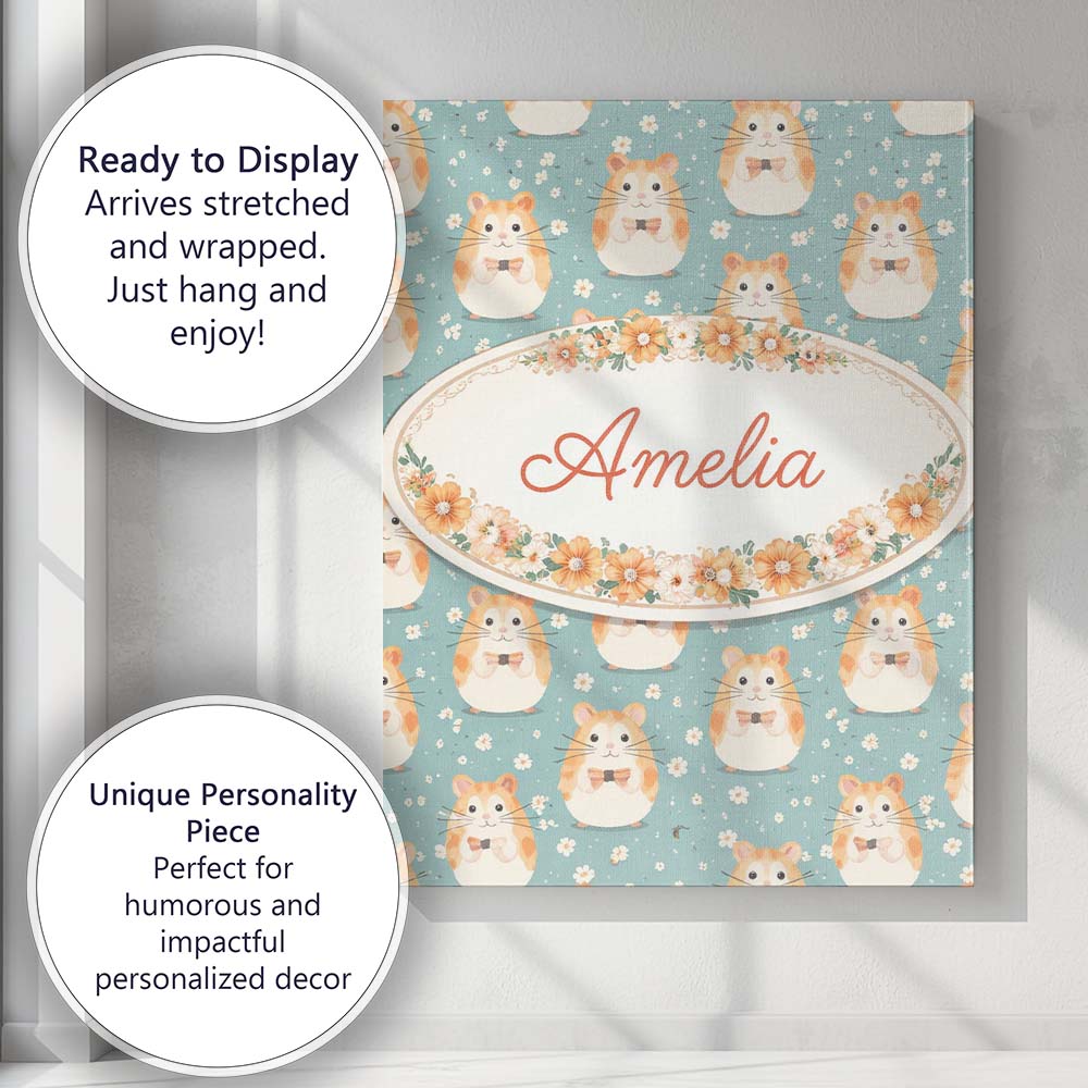 Personalised Name Cartoon Hamster Bow Tie Teal Seamless Pattern Cute Custom  Home Canvas Wall Art Print Decor Picture Ready to Hang