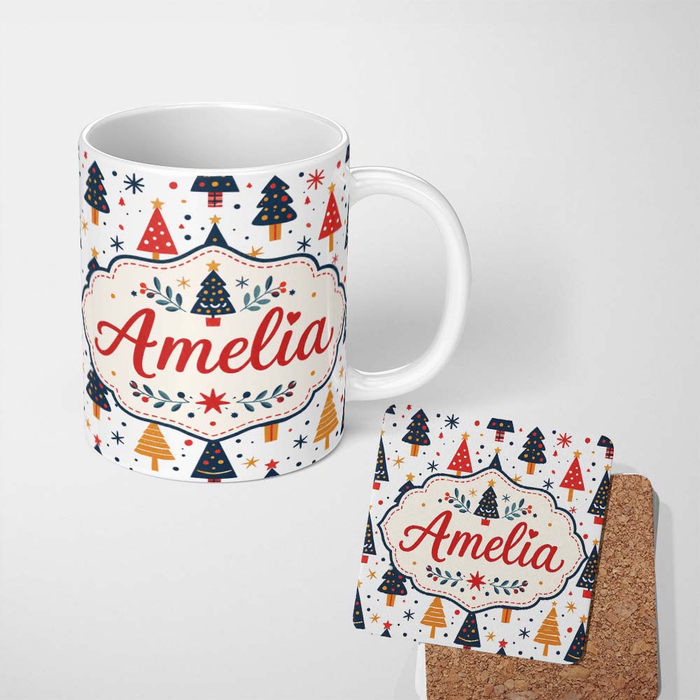 Personalized Custom Name Cute Modern Christmas Tree Star Minimal Seamless Pattern Lovely 11oz Ceramic Coffee Tea Mug White Large Handle