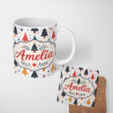 Personalized Custom Name Cute Modern Christmas Tree Star Minimal Seamless Pattern Lovely 11oz Ceramic Coffee Tea Mug White Large Handle