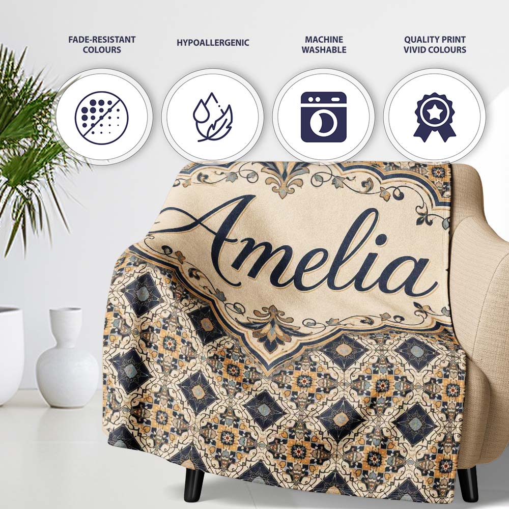 Classic Vintage Blue Gold Geometric Tile Seamless Pattern Custom  Personalised Custom Name Super Soft Fleece Blanket Bed Sofa Throw