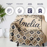 Classic Vintage Blue Gold Geometric Tile Seamless Pattern Custom  Personalised Custom Name Super Soft Fleece Blanket Bed Sofa Throw