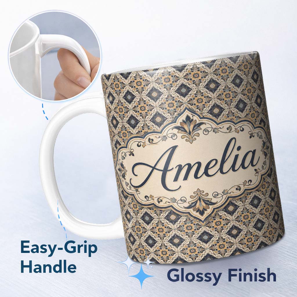 Personalized Custom Name Classic Vintage Blue Gold Geometric Tile Seamless Pattern Custom 11oz Ceramic Coffee Tea Mug White Large Handle