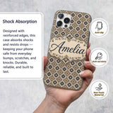 Classic Vintage Blue Gold Geometric Tile Seamless Custom Name Protective Phone Case Mobile Cover Durable Everyday Smartphone Shock Resistant