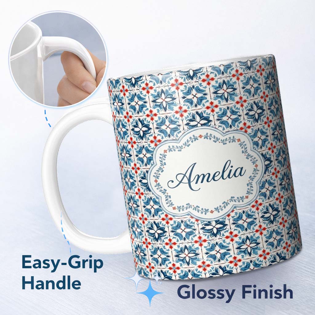 Personalized Custom Name Traditional Blue Red Floral Tile Motif Seamless Pattern Lovely 11oz Ceramic Coffee Tea Mug White Large Handle