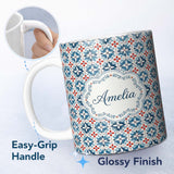 Personalized Custom Name Traditional Blue Red Floral Tile Motif Seamless Pattern Lovely 11oz Ceramic Coffee Tea Mug White Large Handle