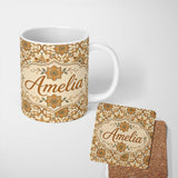 Personalized Custom Name Elegant Orange Beige Star Tile Geometric Seamless Pattern Custom 11oz Ceramic Coffee Tea Mug White Large Handle