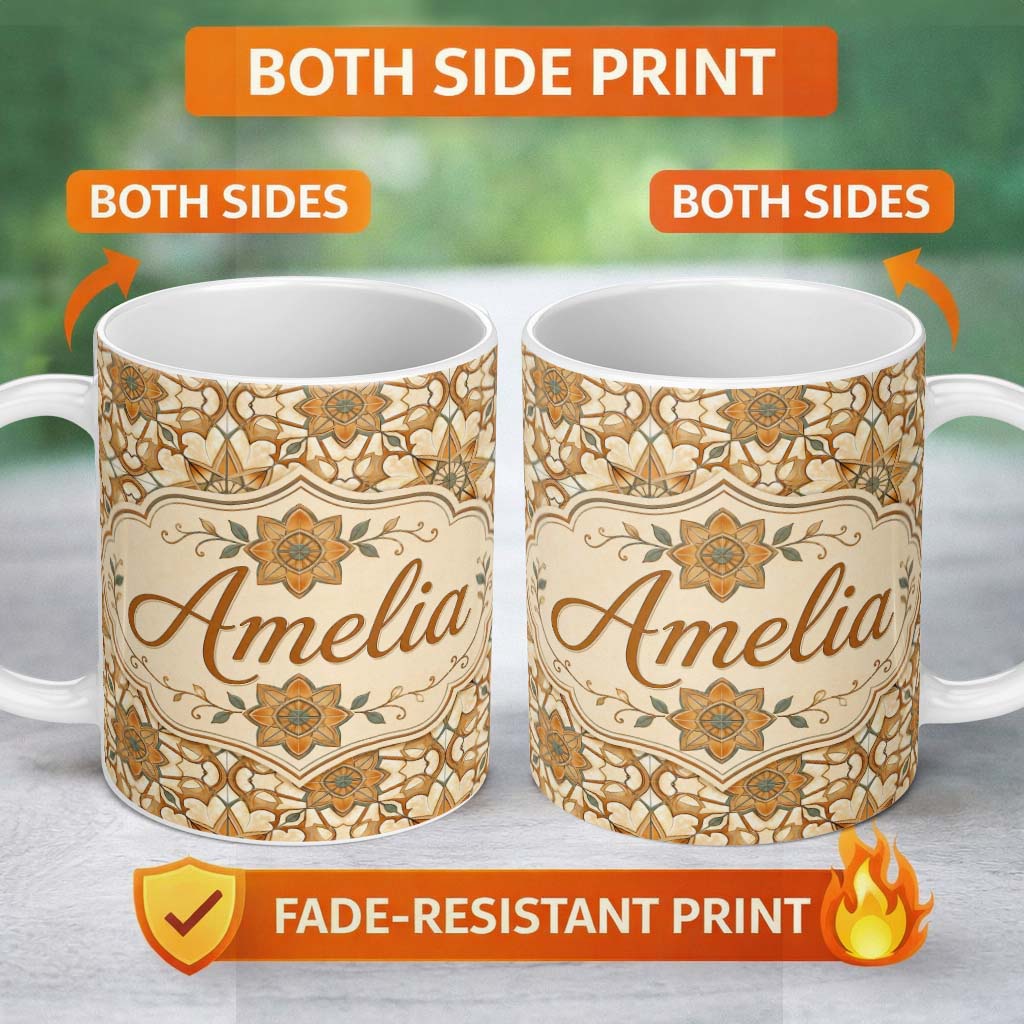 Personalized Custom Name Elegant Orange Beige Star Tile Geometric Seamless Pattern Custom 11oz Ceramic Coffee Tea Mug White Large Handle