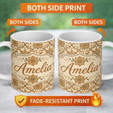 Personalized Custom Name Elegant Orange Beige Star Tile Geometric Seamless Pattern Custom 11oz Ceramic Coffee Tea Mug White Large Handle