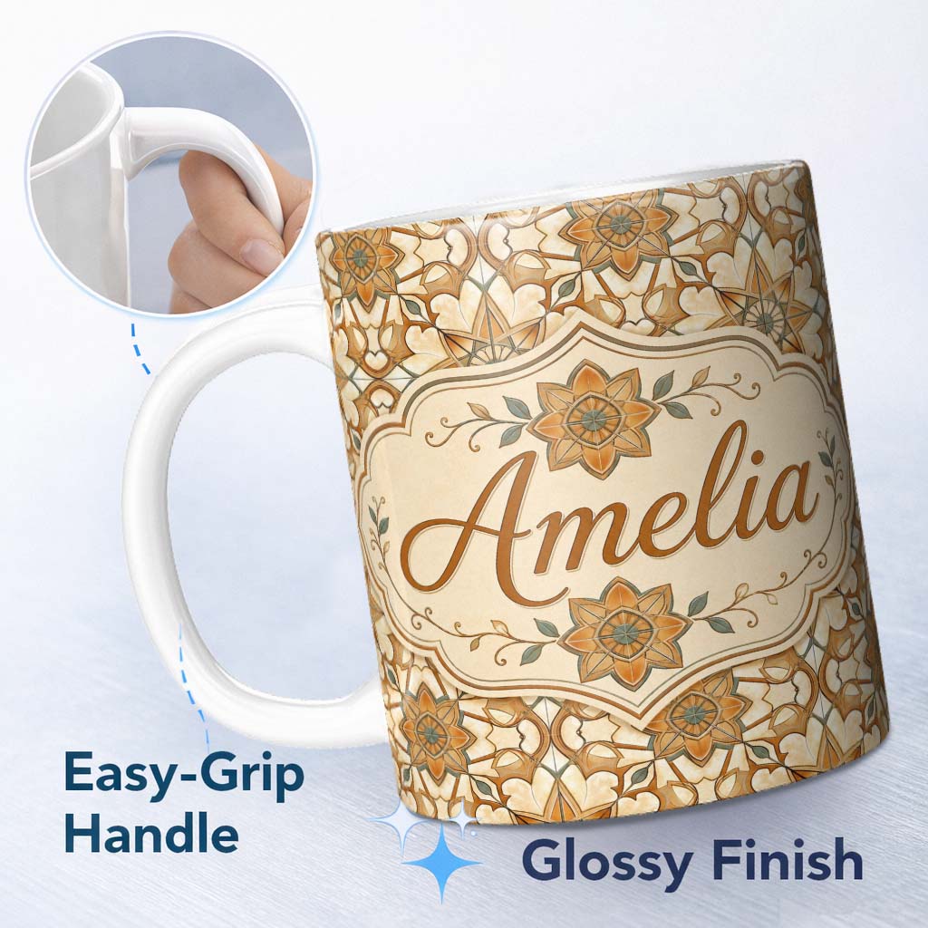 Personalized Custom Name Elegant Orange Beige Star Tile Geometric Seamless Pattern Custom 11oz Ceramic Coffee Tea Mug White Large Handle