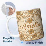 Personalized Custom Name Elegant Orange Beige Star Tile Geometric Seamless Pattern Custom 11oz Ceramic Coffee Tea Mug White Large Handle