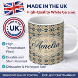 Personalized Custom Name Decorative Blue Floral Tile Pattern Beige Background Seamless Name 11oz Ceramic Coffee Tea Mug White Large Handle