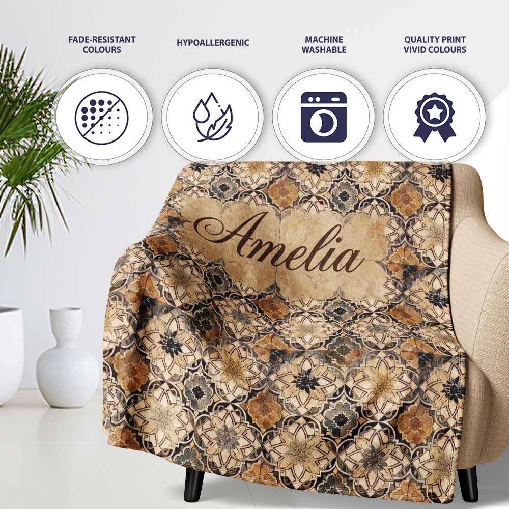 Vintage Beige Floral Geometric Tile Seamless Pattern Name Cute  Personalised Custom Name Super Soft Fleece Blanket Bed Sofa Throw