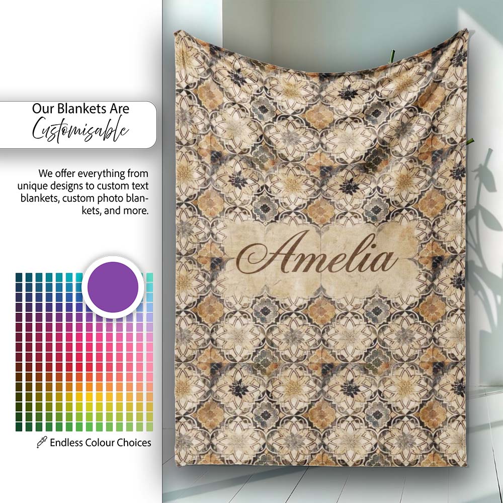 Vintage Beige Floral Geometric Tile Seamless Pattern Name Cute  Personalised Custom Name Super Soft Fleece Blanket Bed Sofa Throw