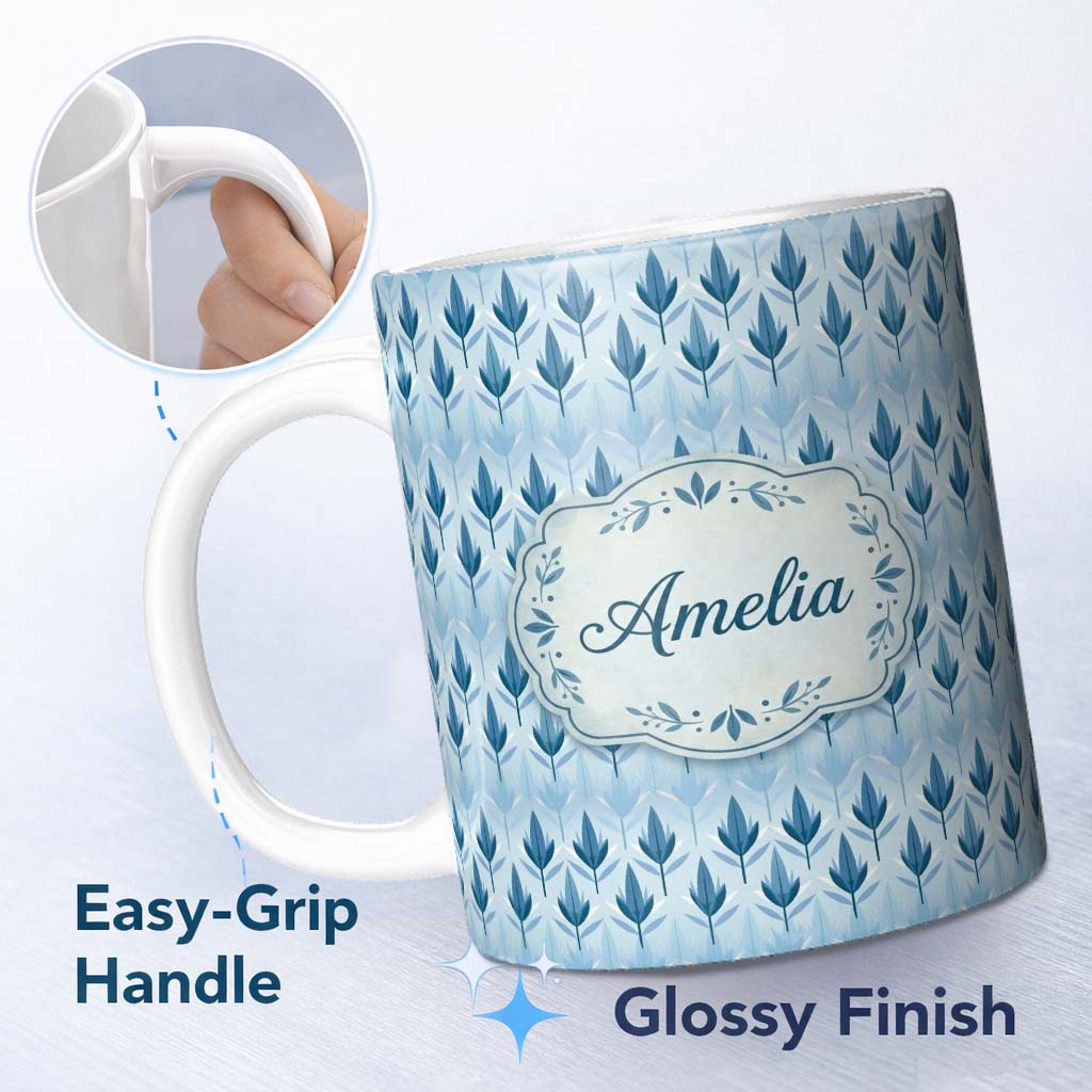 Personalized Custom Name Soft Blue Leaf Minimal Modern Seamless Pattern Perfect Gift for Her 11oz Ceramic Coffee Tea Mug White Large Handle
