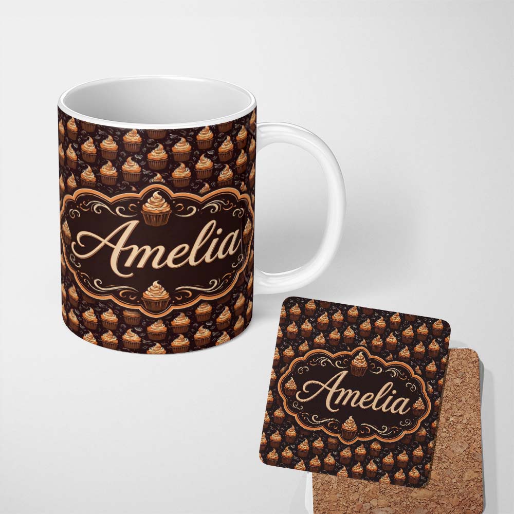Personalized Custom Name Chocolate Cupcake Dessert Seamless Pattern Dark Background Name Cute 11oz Ceramic Coffee Tea Mug White Large Handle