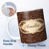 Personalized Custom Name Coffee Beans Minimal Tan Background Seamless Pattern Lovely 11oz Ceramic Coffee Tea Mug White Large Handle