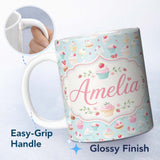 Personalized Custom Name Pastel Cupcake Strawberry Dessert Blue Background Seamless Pattern 11oz Ceramic Coffee Tea Mug White Large Handle